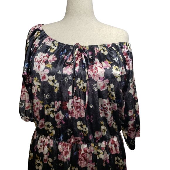 Plus Size Boho Velour Midi Dress 2X – 24/7 Blue Floral Off-Shoulder Cottagecore - Picture 6 of 12